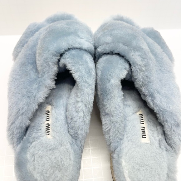 Miu Miu Light Blue Shearling Cross Strap Espadrille Platform Slides - Picture 6 of 10